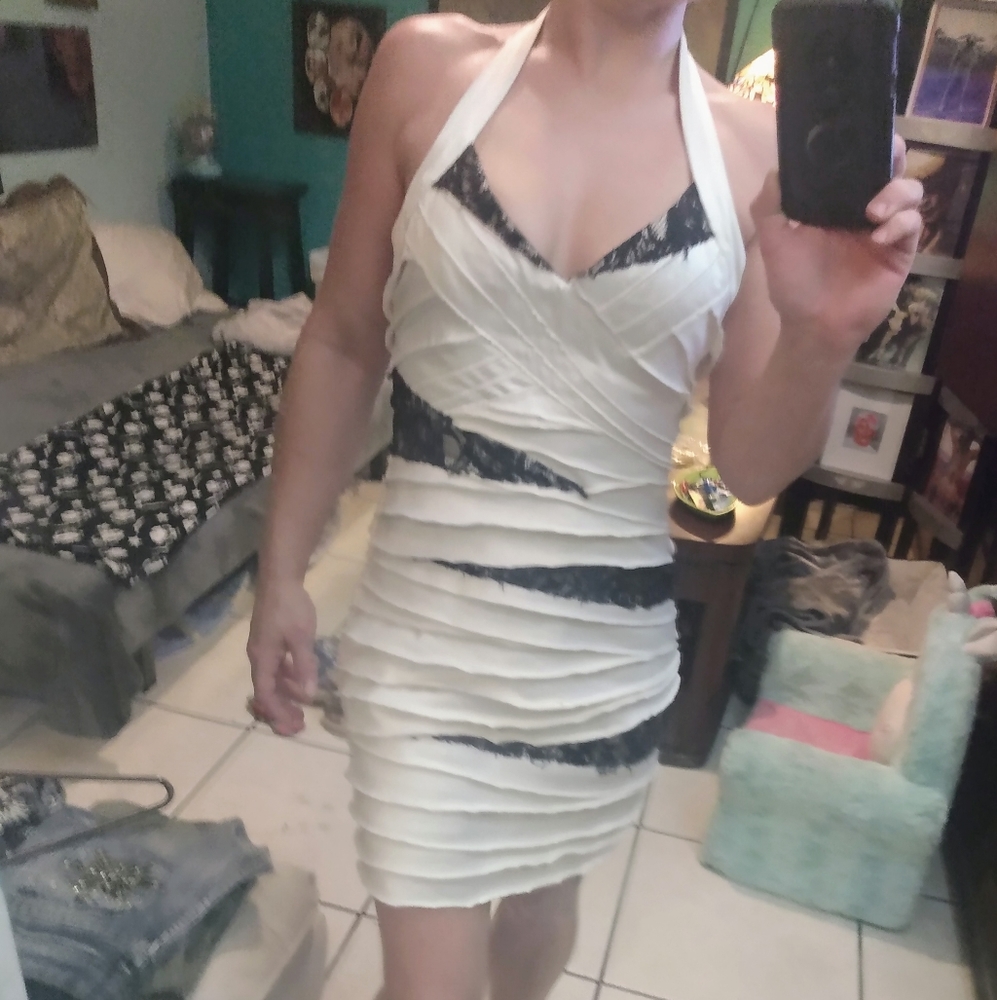 Bebe Sexy White Satin Black Lace Bandage Dress